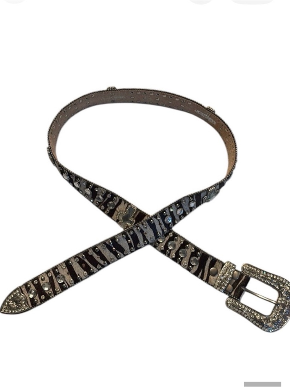 NOCONA Western Calf Hair On Hide Zebra Print Rhinestone Concho Belt Sz L cowgirl